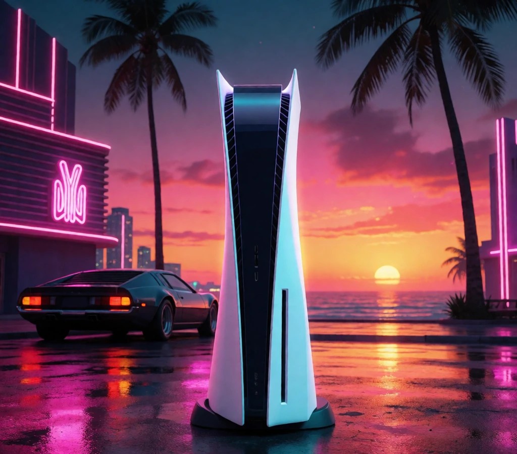 PlayStation 5 im Neon-Sonnenuntergang, fit für GTA 6, KM Elektronik